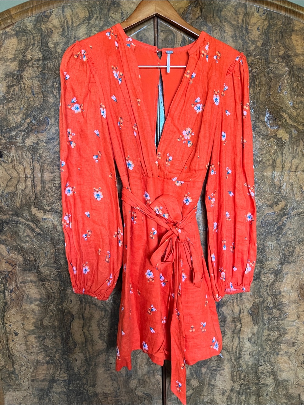 Free People Coral Red Floral Backless Wrap Dress